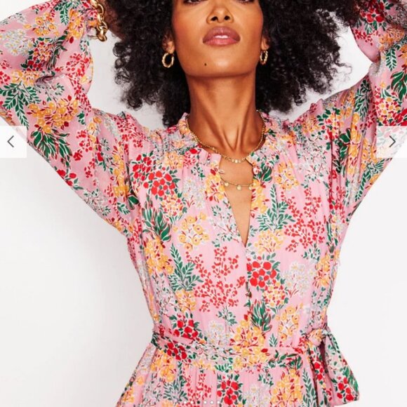 Boden Garden Bouquet Puff Sleeve Tiered Ruffle Midi Dress 10P Pink Floral Boho - Picture 5 of 16